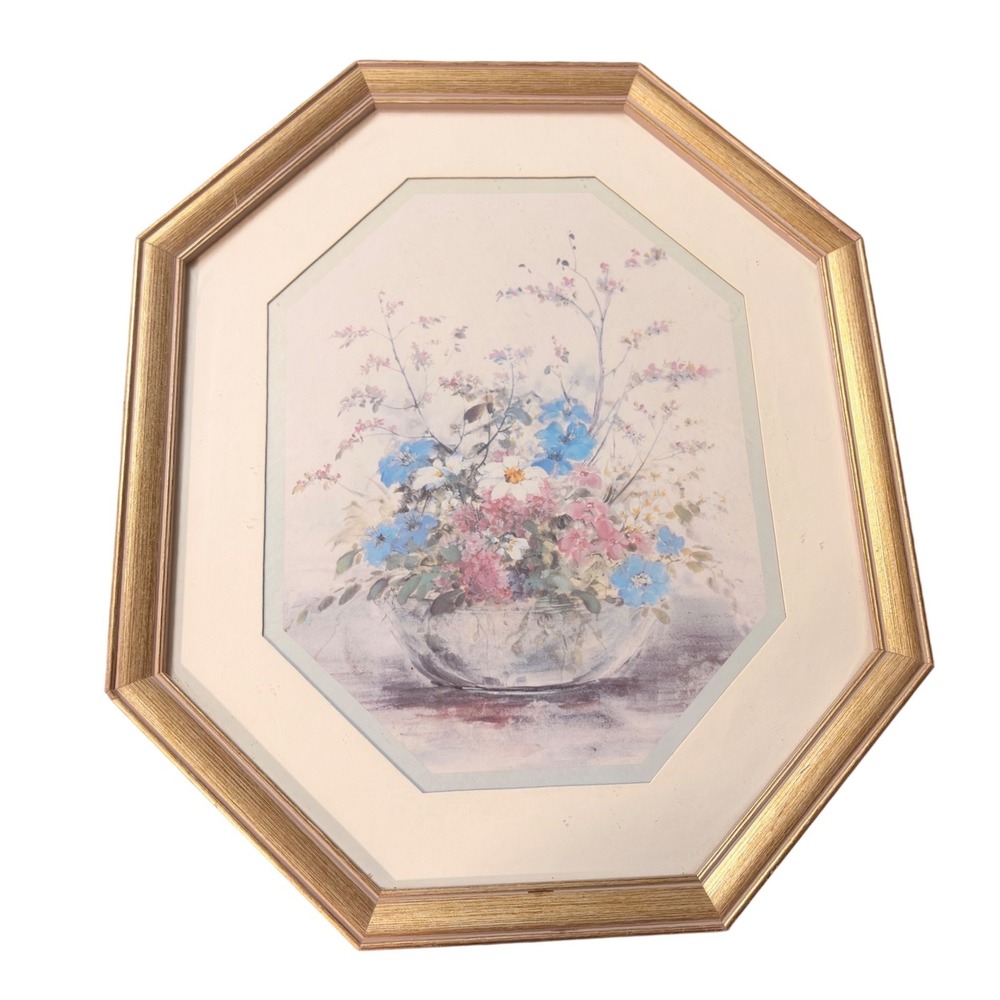 Vintage Octagonal Gold Framed Floral Print Watercolor Style Blue Pink Flowers